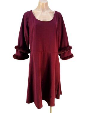 Studio 1886 Avon Womens Burgundy Dress Faux Fur Trim Size XL A-Line Knee Length